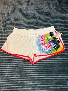 OP White Swim Board Shorts with Rainbow Beach Graphic and Pink Trim Size XL NWT